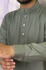 Pakistan Cotton Panjabi for Men - Olive - Rubaaba Panjabi - Image 3